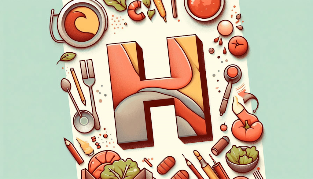 Representa al Hierro con la letra H y alrededor comida y utensilios para comer