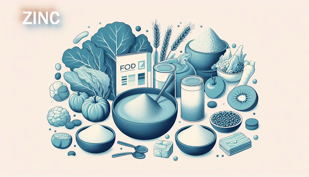 Representa al Zinc alimenticio, con el texto Zinc en la esquina superior izquierda, en el centro alimentos que contienen zinc.