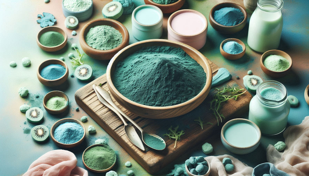 Recipiente en el centro con Espirulina y alrededor distintos recipientes con espirulina principalmente