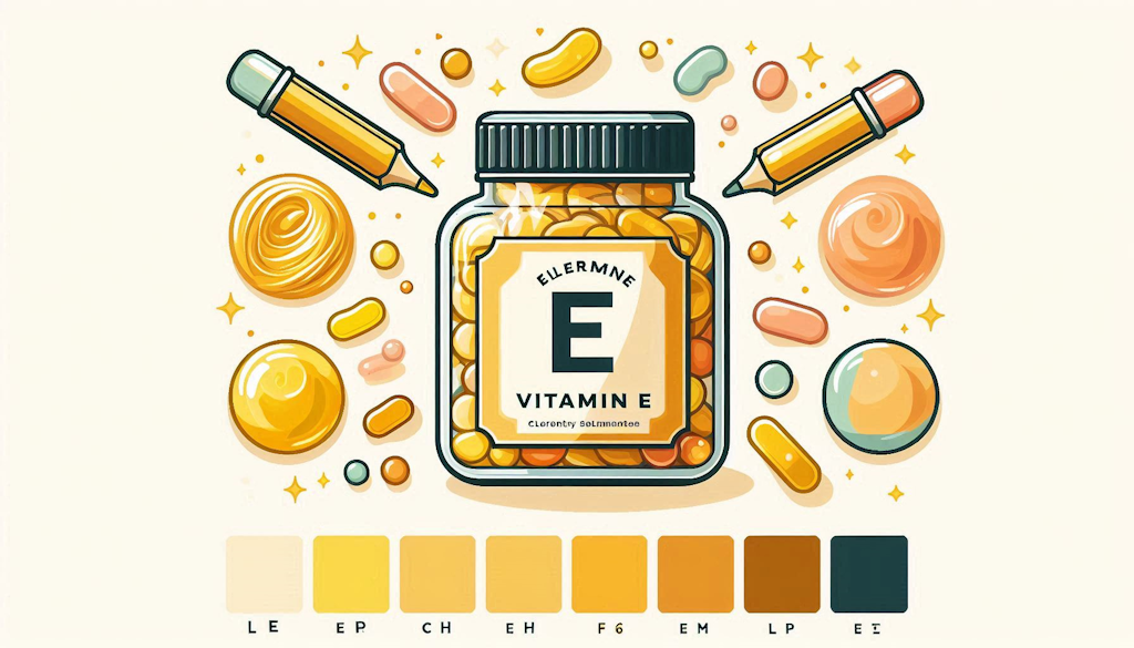Imagen de un tarro con una etiqueta de vitamina e y comprimidos alrededor